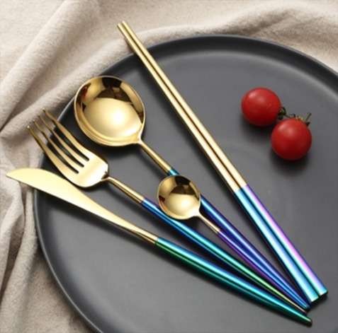 LEON Y898 304 Iridescent Mirror + Gold Finish Cutlery Collection — Vibrant, Eye-Catching Dining