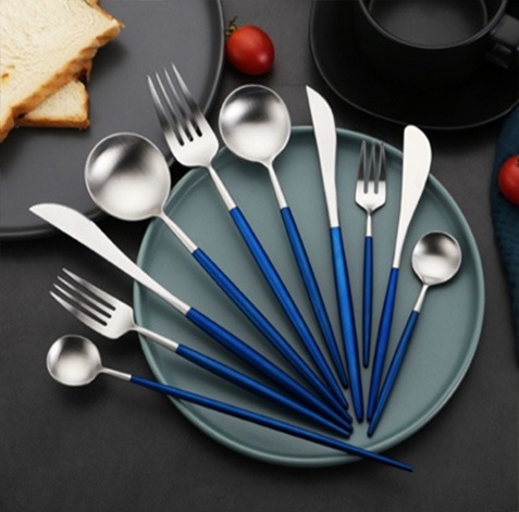 LEON 304 Stainless Steel Brushed Blue & Silver Cutlery Collection