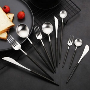 LEON Y898 304 Brushed Black + Silver Finish Cutlery Collection — Modern Contrast for Stylish Dining