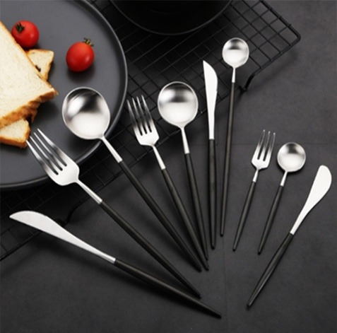 LEON Y898 304 Brushed Black + Silver Finish Cutlery Collection — Modern Contrast for Stylish Dining