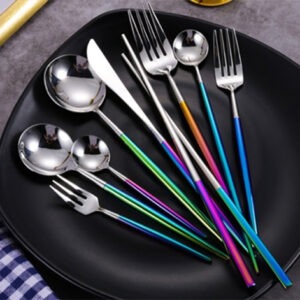 LEON Y898 304 Iridescent Mirror + Silver Finish Cutlery Collection — Vibrant, Eye-Catching Dining