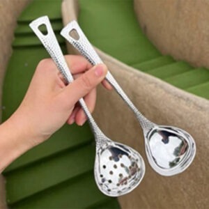 Hammer-Textured Handle Stainless Steel Soup Ladle & Strainer – 304 Durable Kitchen Serving Set with Optional Gold & Rose Gold Plating – Perfect for Restaurants & Home